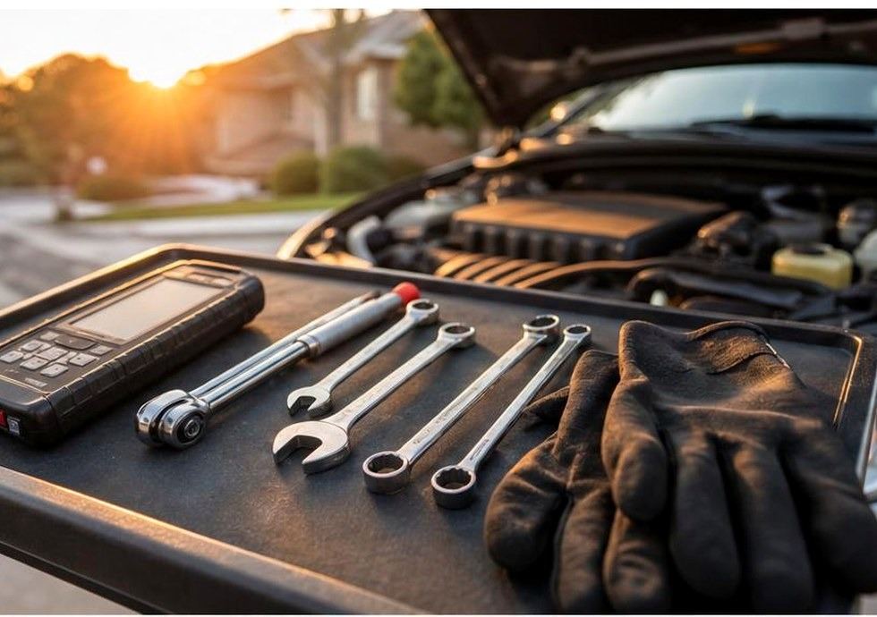 Tools staged for an AC diagnosis at a Savannah driveway